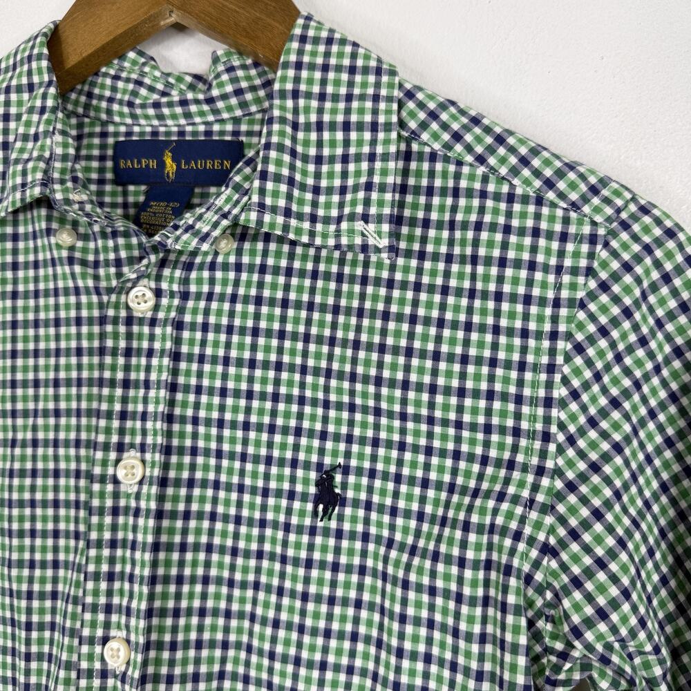 Ralph Lauren Shirt Boys Medium 10-12 Green Blue Gingham Button Down Long Sleeve